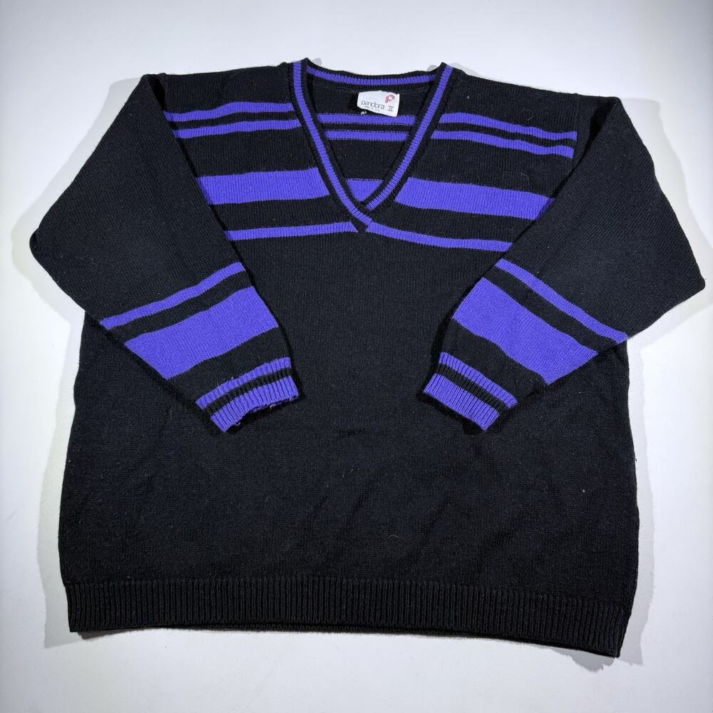 Vintage Pandora II Black & Purple Striped V-Neck Sweater USA Made XL 80s/90s